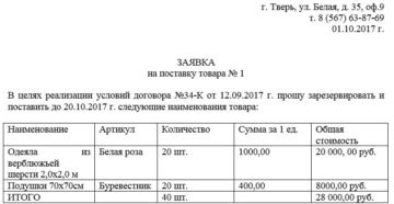 Заявка на покупку товара образец